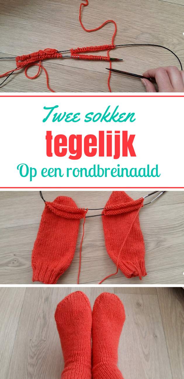 Superhandige tutorial over hoe je twee sokken tegelijk breit.